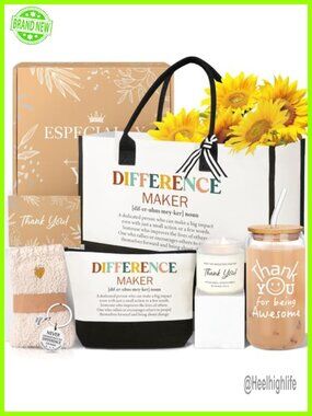 Canvas Tote Bag Gift Set with Tumbler, Candle, Socks, Keychain, Thank You Card